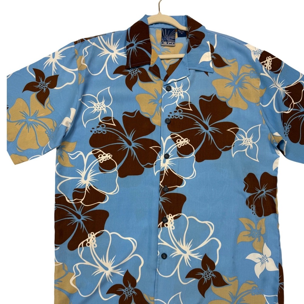 C-Two Mens XL Tropical Hibiscus Floral Print Short Sleeve Button Down Shirt Blue